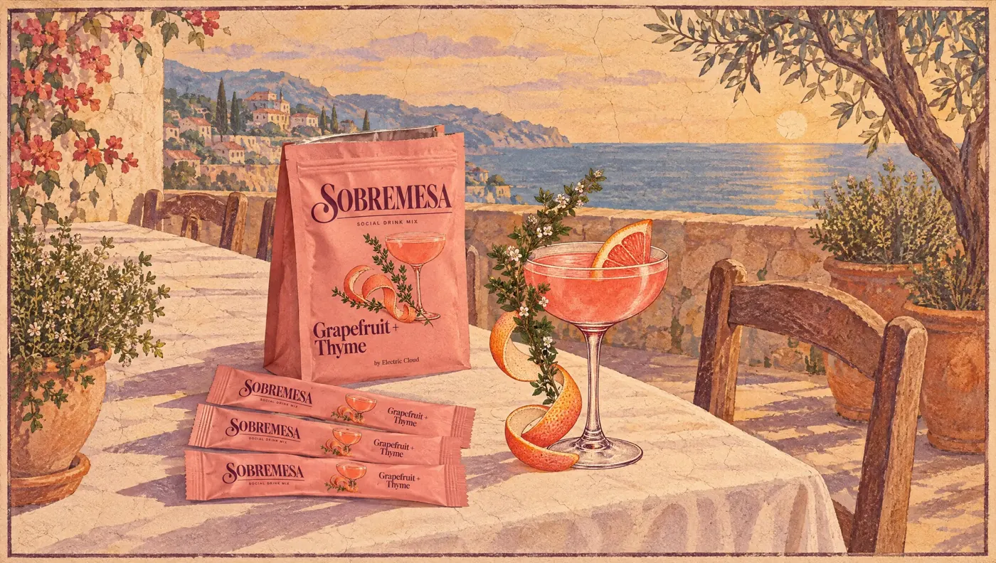 A terrace table at five o'clock with a bag of Sobremesa, three sticks and a coral coupe