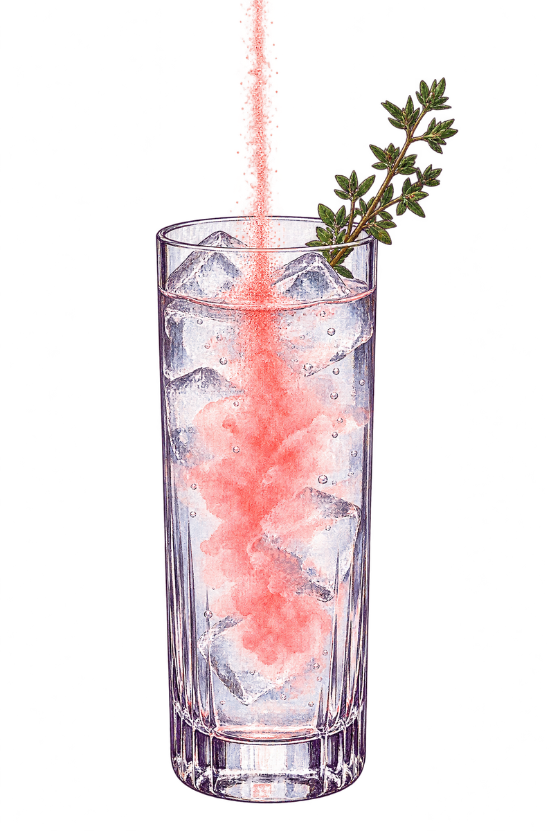 Powder pouring into a tall glass of iced water